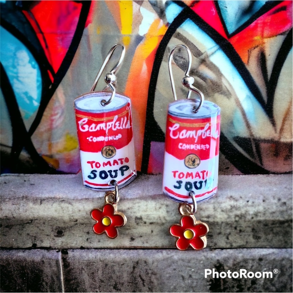 Handpainted little Campbell’s Soup can earrings. On sterling wires. OOAK signed